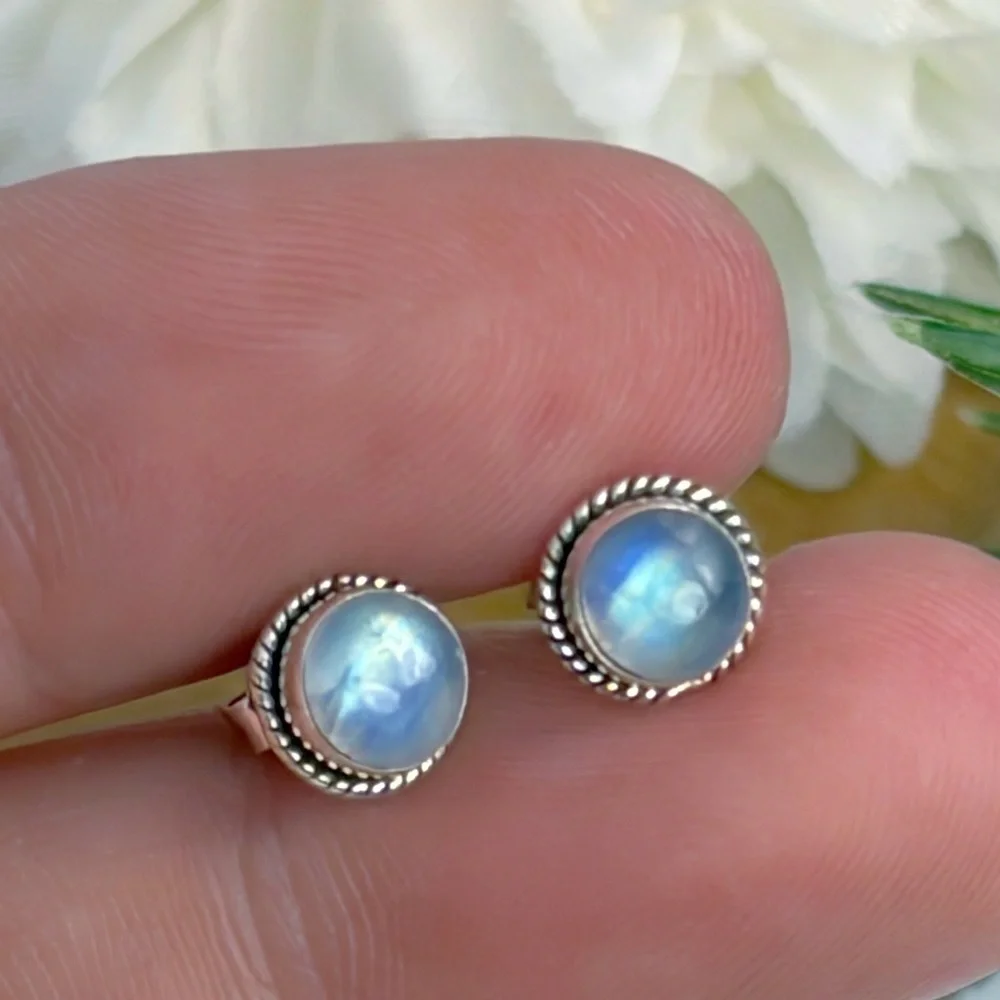 Pure Sterling Silver 925 Blue Rainbow Moonstone Stud Earrings Boho Southwest New - Picture 5 of 8